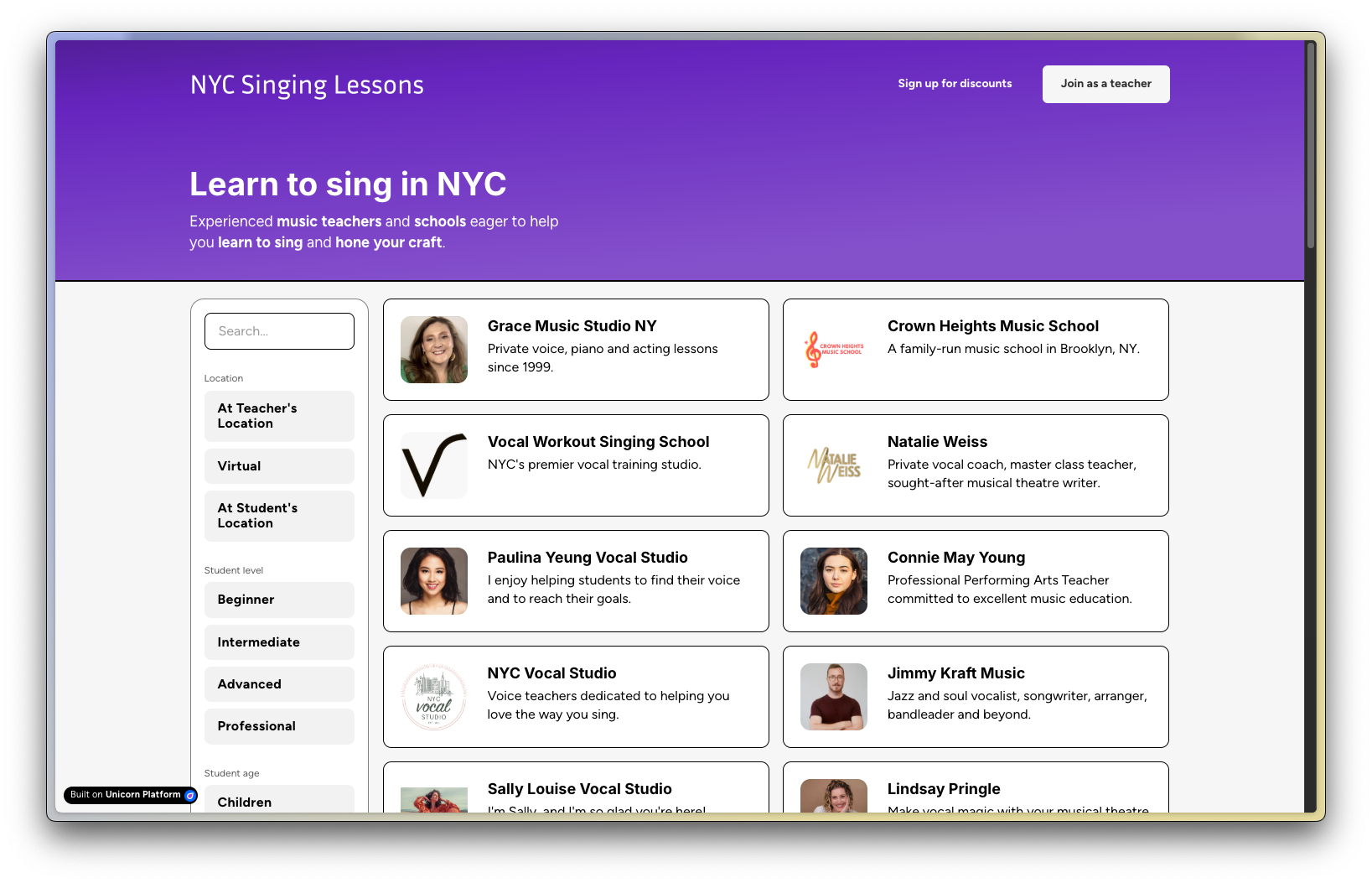 Desktop screenshot of the homepage of NYC Singing Lessons. Teacher headshots and descriptions are listed, with filters to find relevant teachers for the viewer.